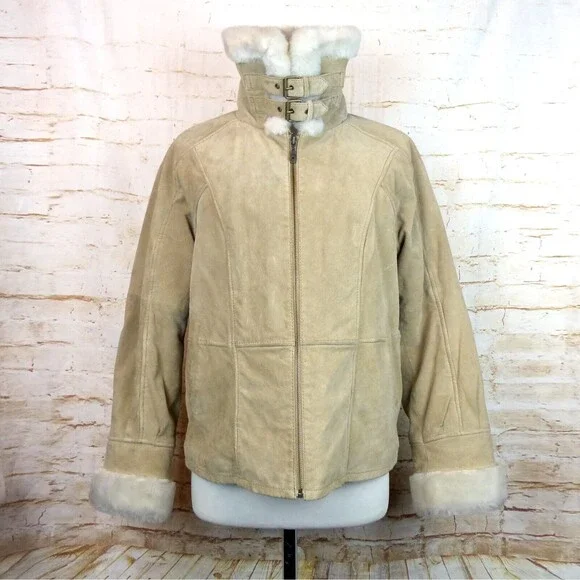 VTG Wilsons Suede Leather Bomber Aviator Flight Jacket Womens L Fur Lined Beige